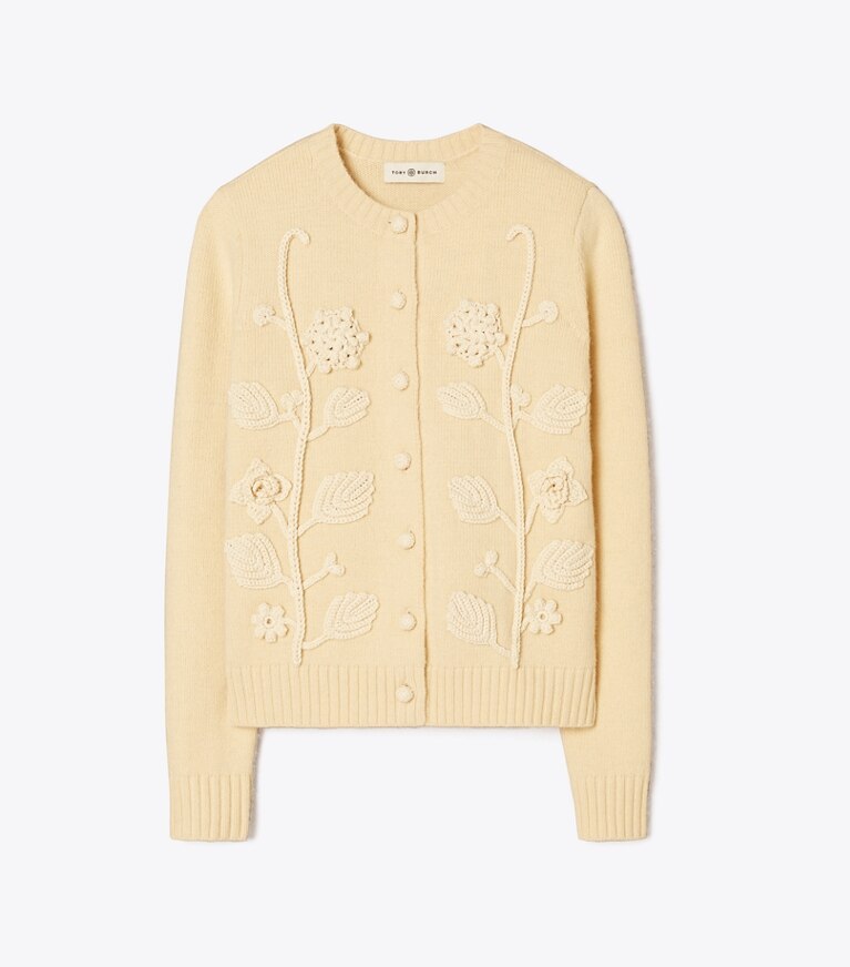 Tory Burch designer sweaters Embroidered Cardigan in Antique Ivory front
