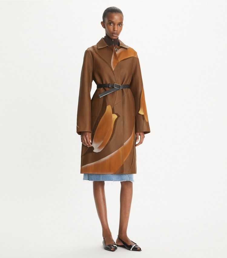Tory Burch designer coats Embroidered Coat in Coffee Liqueúr on model front