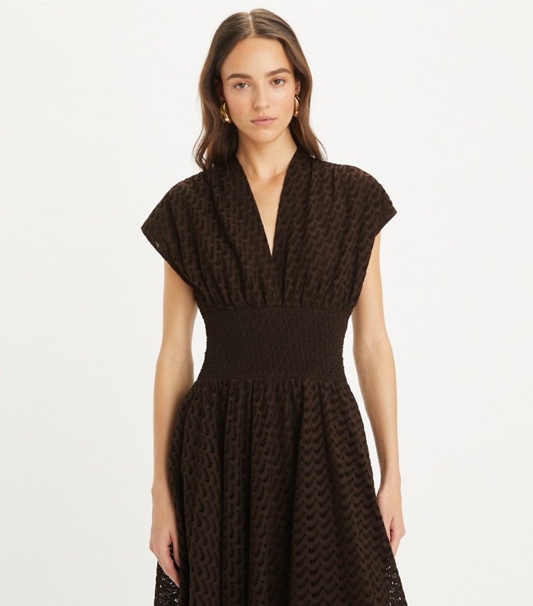 Tory Burch designer dresses Embroidered Cotton Dress in Dark Cacao on model detail