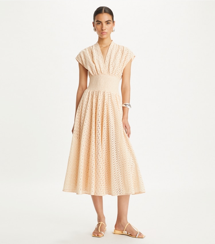 Tory Burch designer dresses Embroidered Cotton Dress in Pink Sorbet on model front