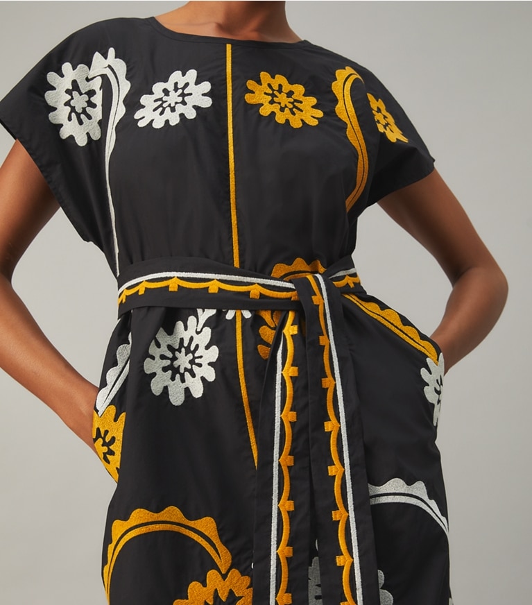 Tory Burch designer coverups Embroidered Cotton Poplin Caftan in Black front