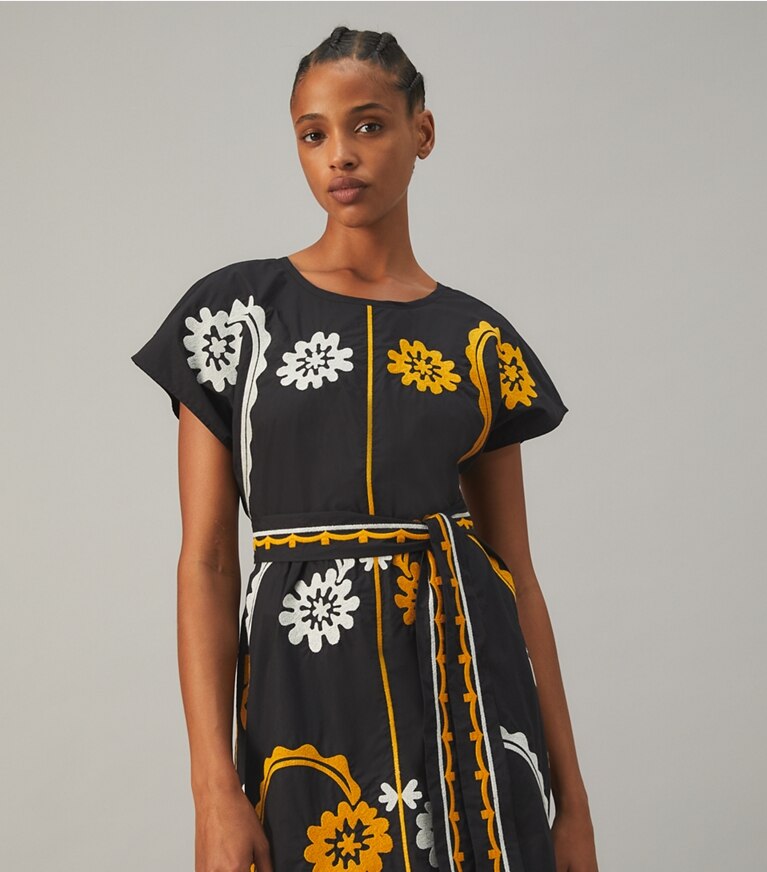 Tory Burch designer coverups Embroidered Cotton Poplin Caftan in Black front