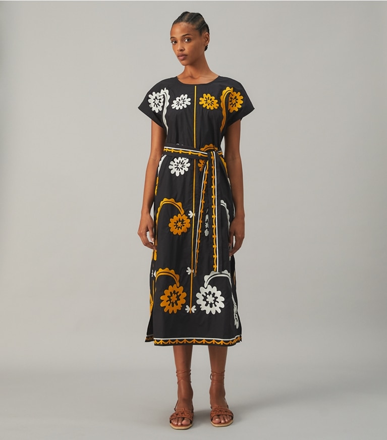 Tory Burch designer coverups Embroidered Cotton Poplin Caftan in Black front