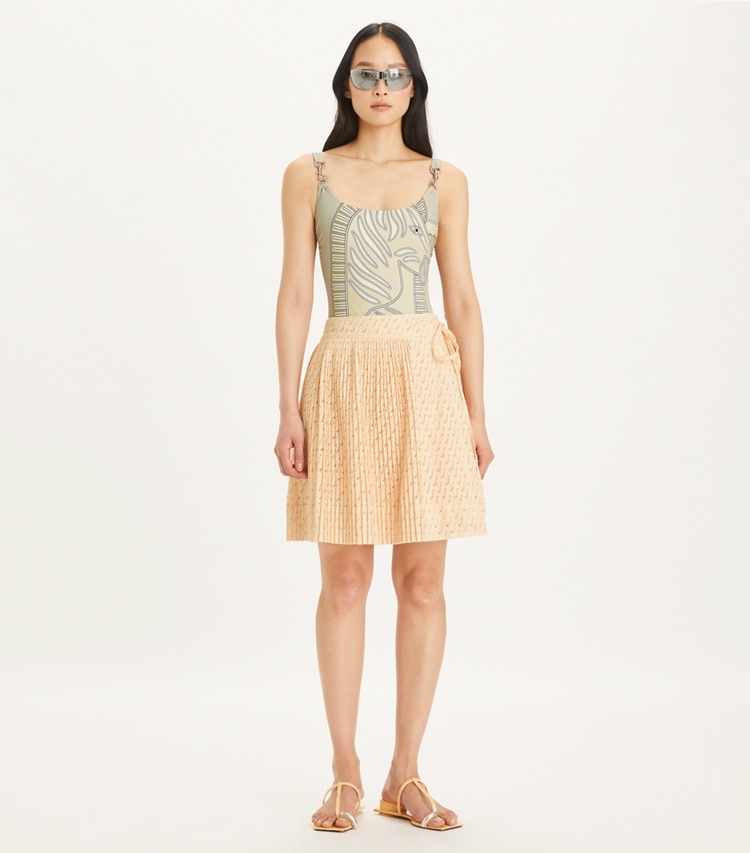 Tory Burch designer bottoms Embroidered Cotton Skirt in Pink Sorbet on model front
