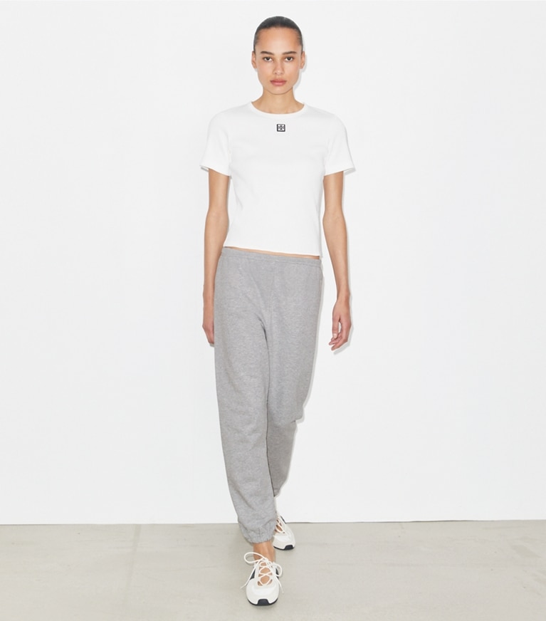 Tory Burch designer bottoms Embroidered Cotton Sweatpant in Medium Heather Gray front