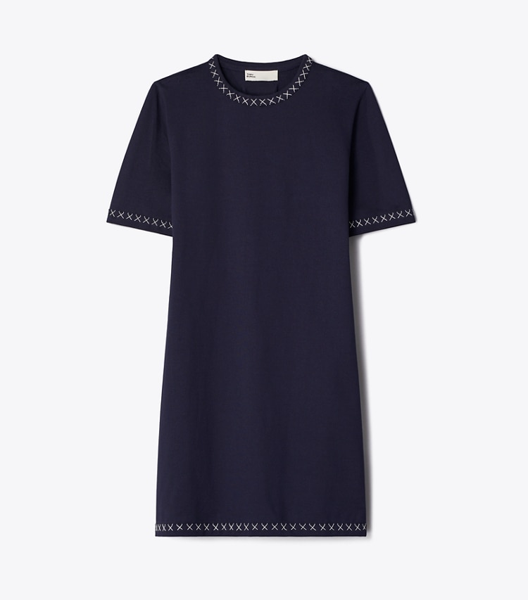 Tory Burch designer dresses Embroidered Cotton T-Shirt Dress in Medium Navy front