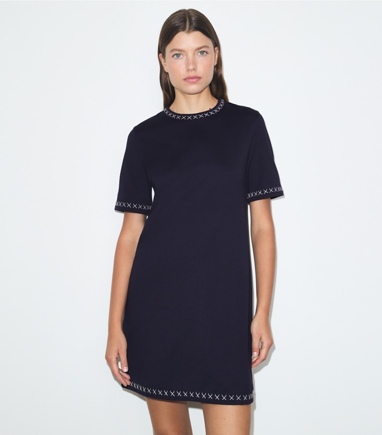 Tory Burch designer dresses Embroidered Cotton T-Shirt Dress in Medium Navy on model detail
