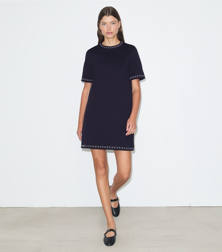 Tory Burch designer dresses Embroidered Cotton T-Shirt Dress in Medium Navy on model front