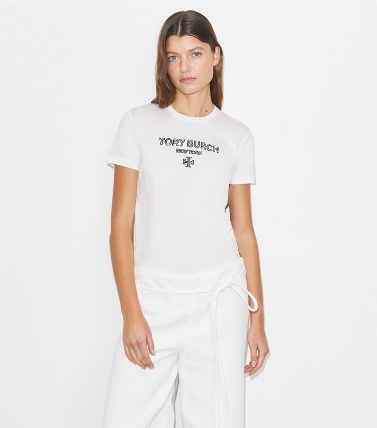 Tory Burch designer tops Embroidered Cotton T-Shirt in Snow White / Black on model detail