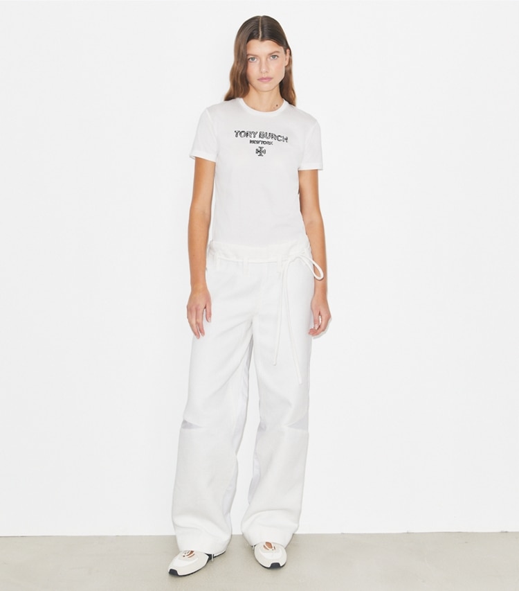 Tory Burch designer tops Embroidered Cotton T-Shirt in Snow White / Black on model front