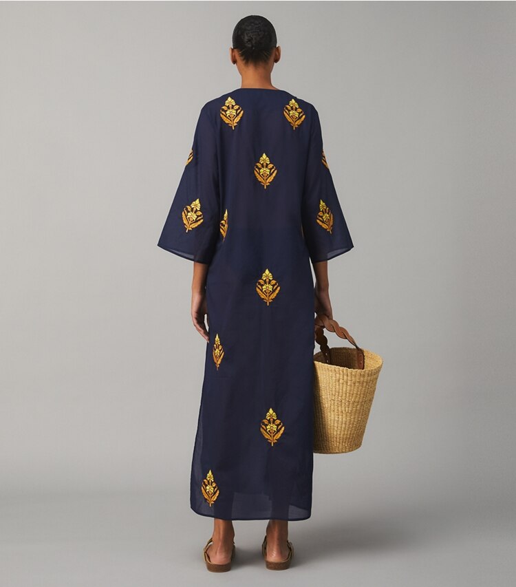 Tory Burch designer coverups Embroidered Cotton Voile Caftan in TORY NAVY on model back