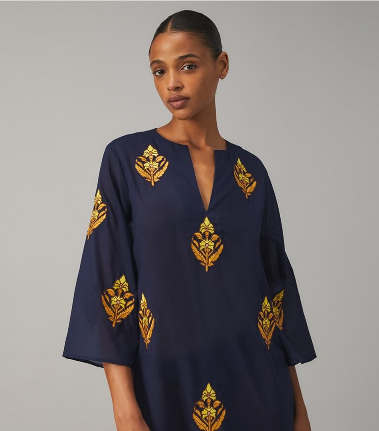Tory Burch designer coverups Embroidered Cotton Voile Caftan in TORY NAVY front