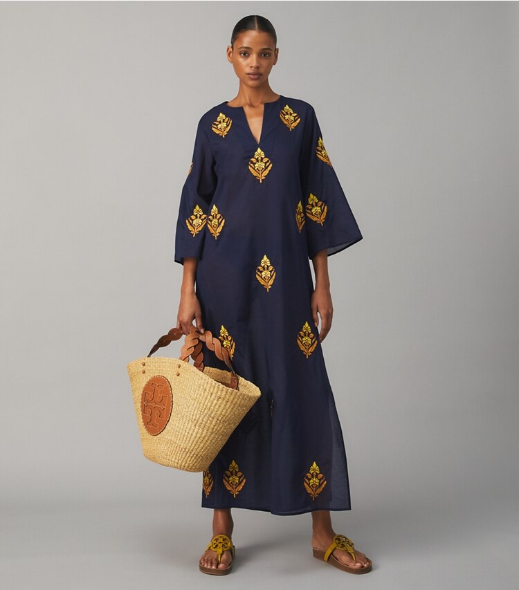 Tory Burch designer coverups Embroidered Cotton Voile Caftan in TORY NAVY on model front