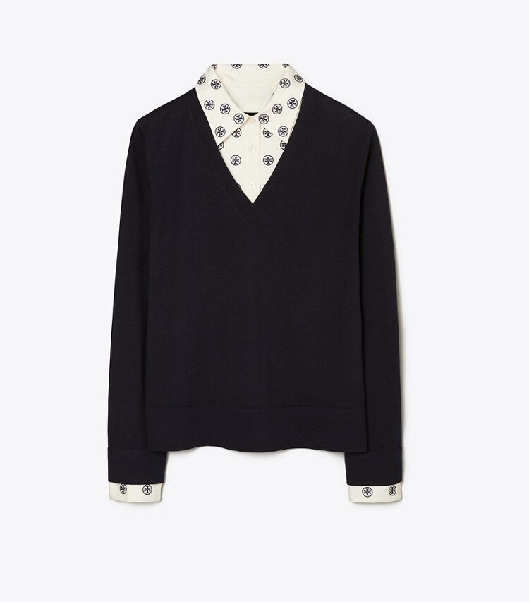 Tory Burch designer sweaters Embroidered Dickie V-Neck Sweater in Medium Navy front