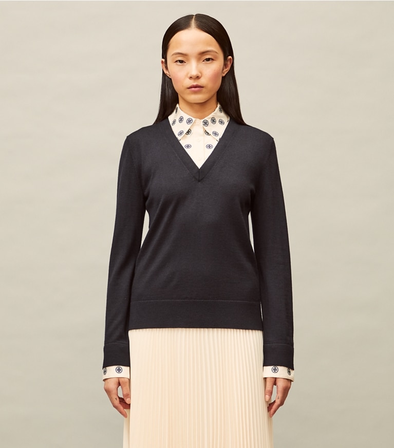 Tory Burch designer sweaters Embroidered Dickie V-Neck Sweater in Medium Navy front