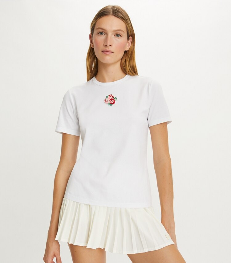 Tory Burch designer tops Embroidered Floral Tee in White Multi on model detail