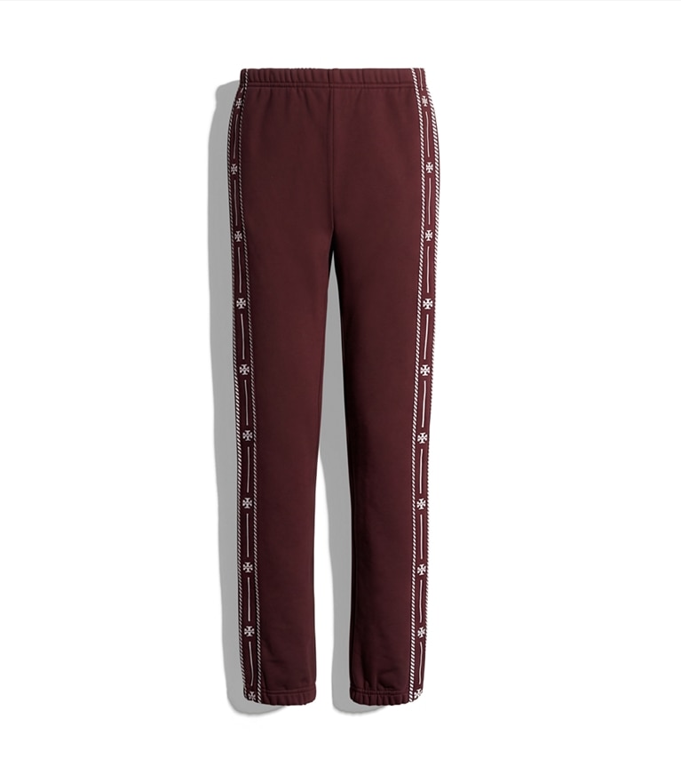 Tory Burch designer bottoms Embroidered French Terry Sweatpant in Merlot additional