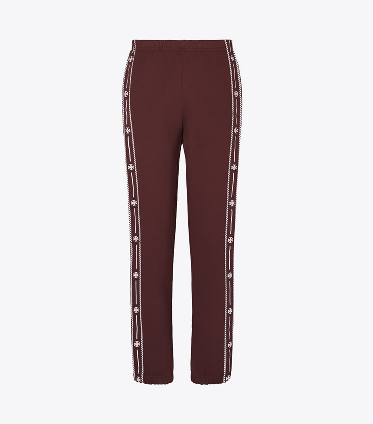 Tory Burch designer bottoms Embroidered French Terry Sweatpant in Merlot front