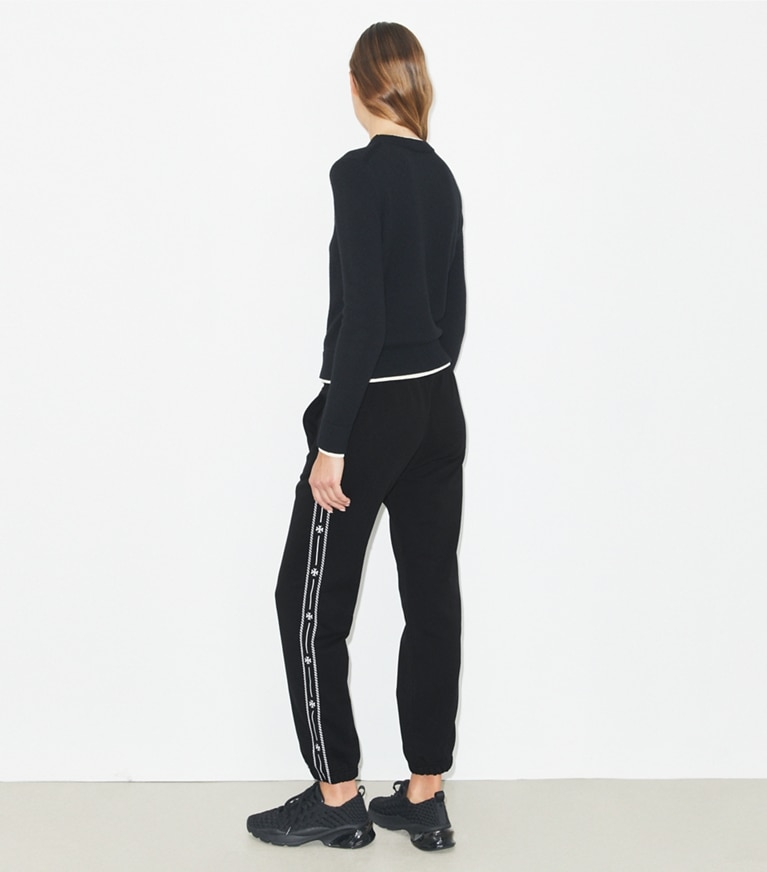 Tory Burch designer bottoms Embroidered French Terry Sweatpant in Black front