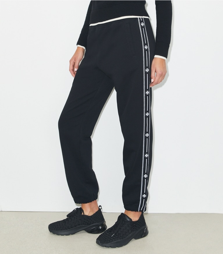 Tory Burch designer bottoms Embroidered French Terry Sweatpants in Black front