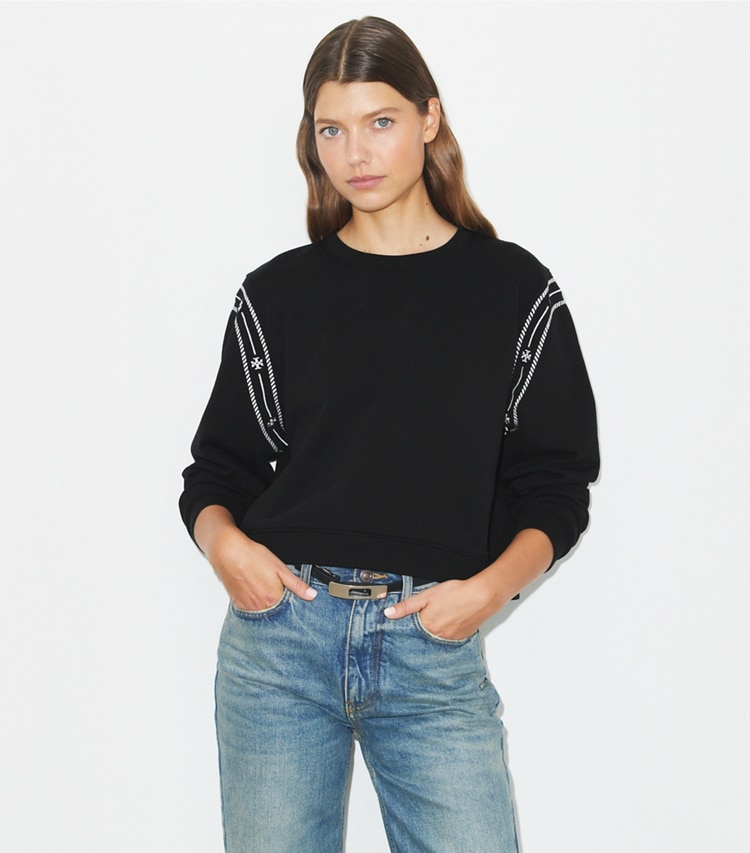Tory Burch designer sweaters Embroidered French Terry Sweatshirt in Black on model detail