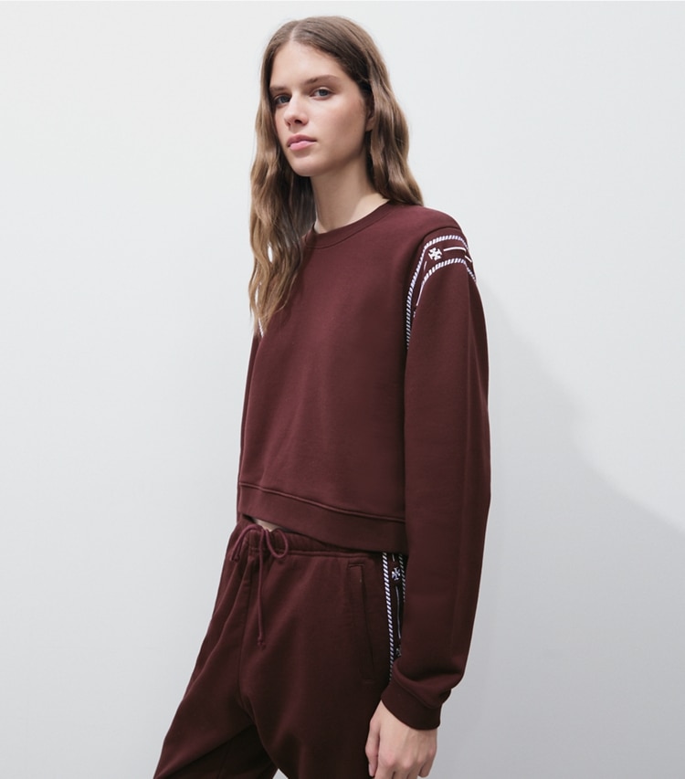 Tory Burch designer sweaters Embroidered French Terry Sweatshirt in Merlot on model detail