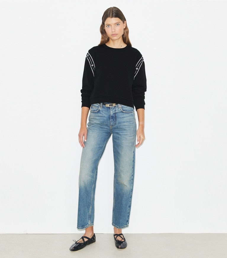 Tory Burch designer sweaters Embroidered French Terry Sweatshirt in Black front