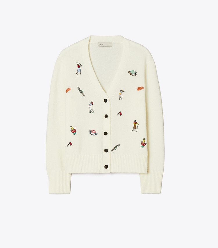 Tory Burch designer sweaters Embroidered Golf Cardigan in New Ivory front