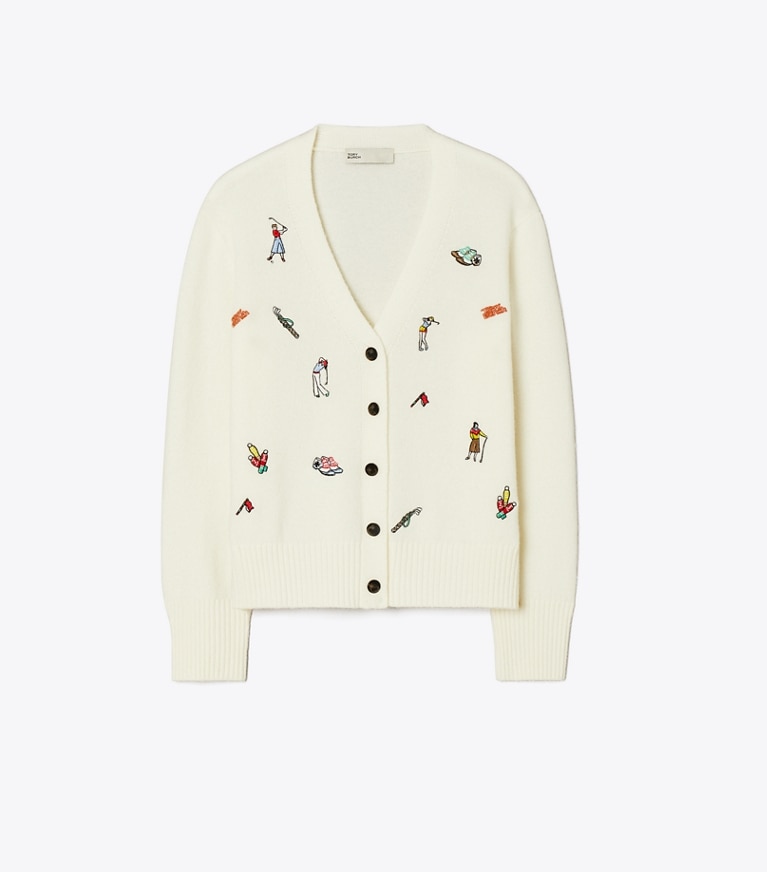 Tory Burch designer sweaters Embroidered Golf Cardigan in New Ivory front