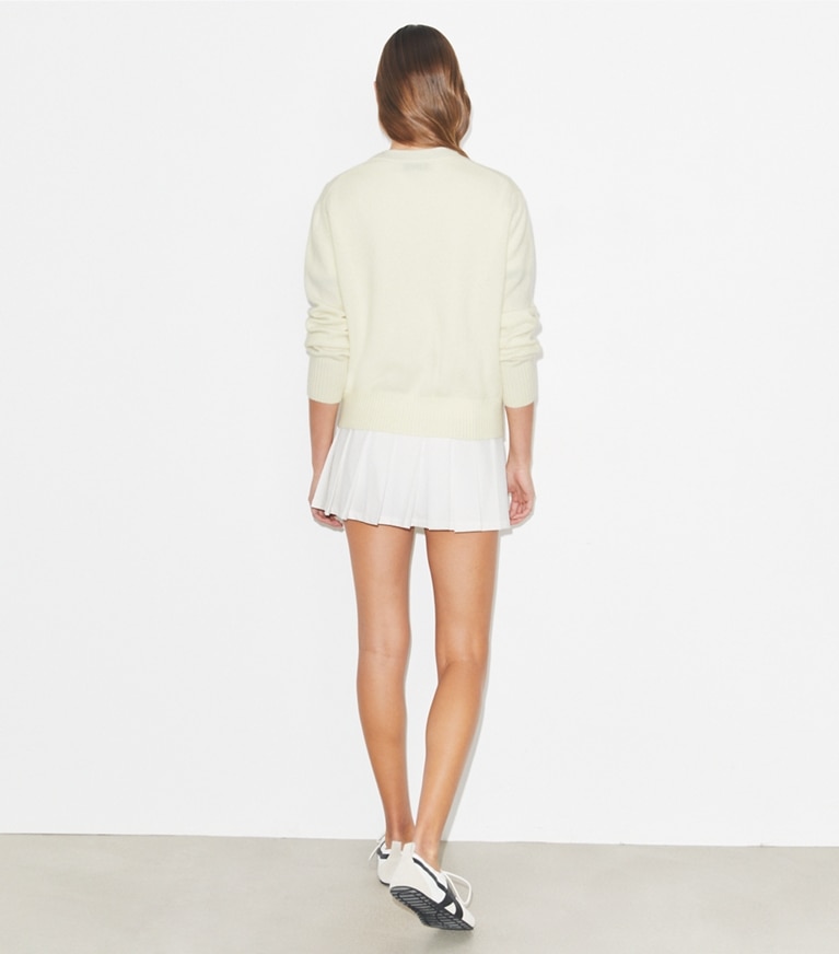 Tory Burch designer sweaters Embroidered Golf Cardigan in New Ivory on model back