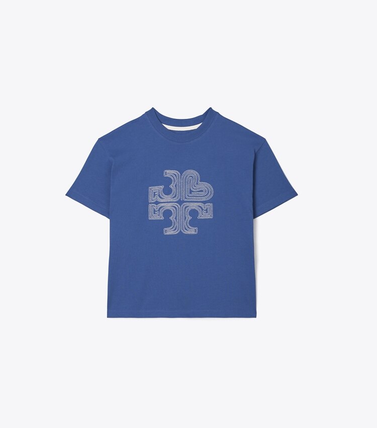 Tory Sport designer tops Embroidered Heart Logo T-Shirt in Blue Wash / Ivory Pearl front
