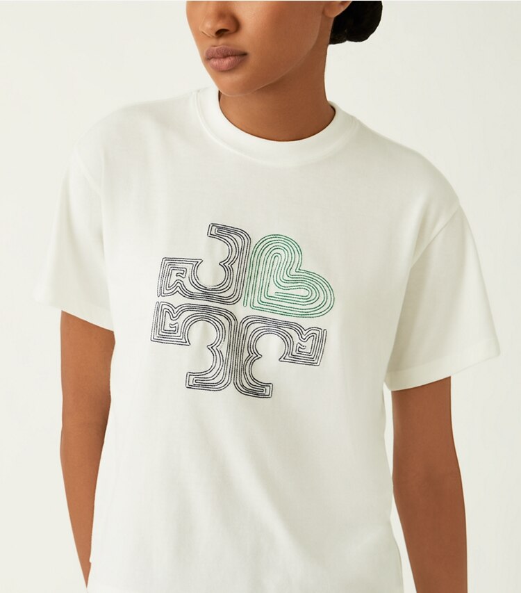 Tory Sport designer tops Embroidered Heart Logo T-Shirt in Snow White / Tory Navy on model detail
