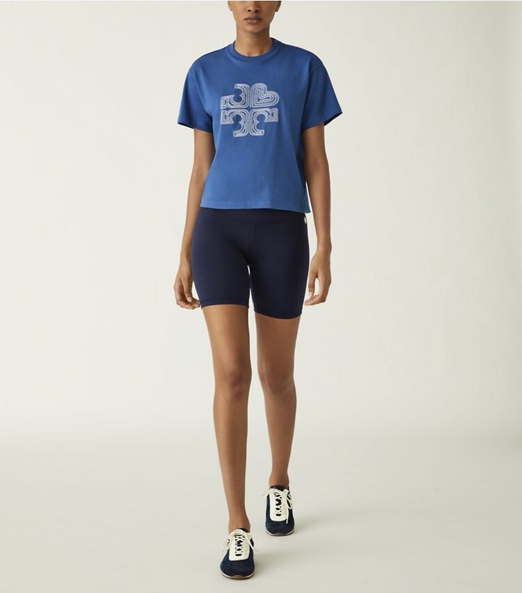 Tory Sport designer tops Embroidered Heart Logo T-Shirt in Blue Wash / Ivory Pearl on model front