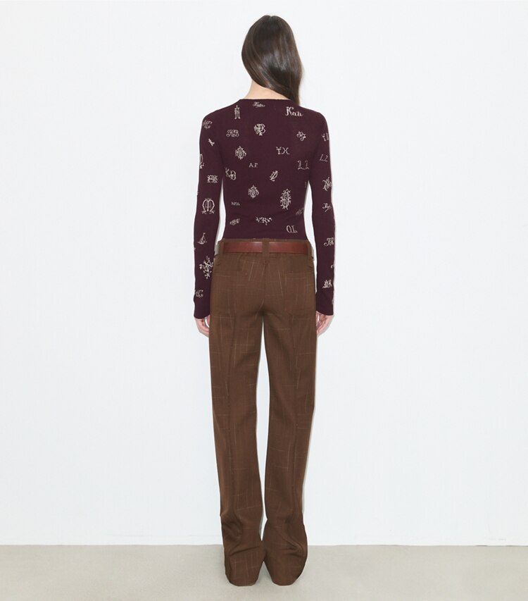 Tory Burch designer sweaters Embroidered Henley Sweater in Evening Plum on model back