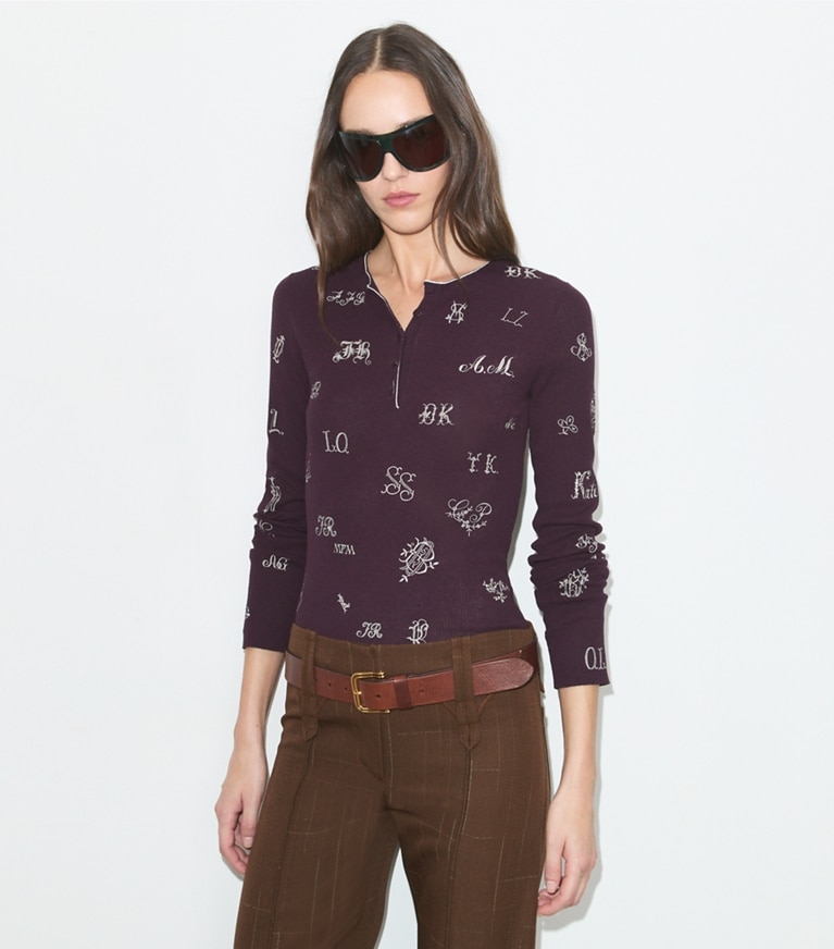 Tory Burch designer sweaters Embroidered Henley Sweater in Evening Plum on model detail