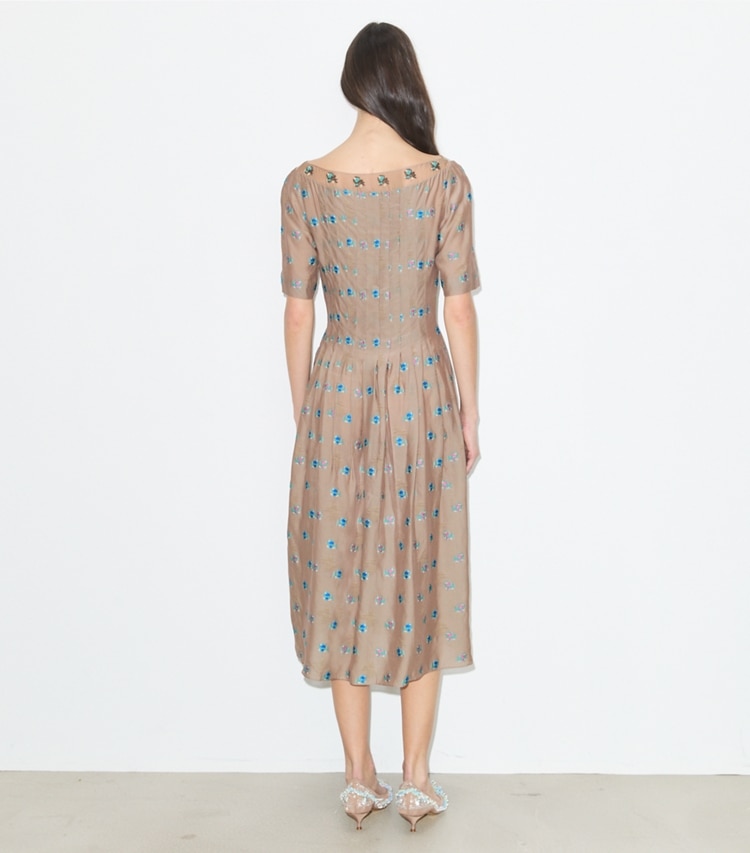 Tory Burch designer dresses Embroidered Jacquard Dress in Brown Rose on model back