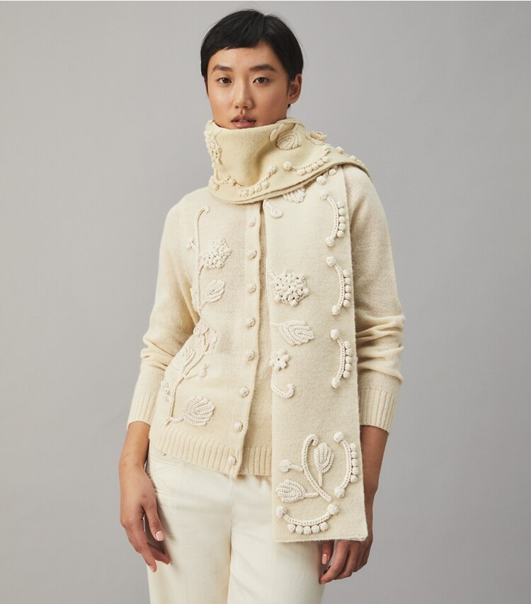 Tory Burch designer scarves Embroidered Knit Scarf in Oatmeal / Ivory accessory on model