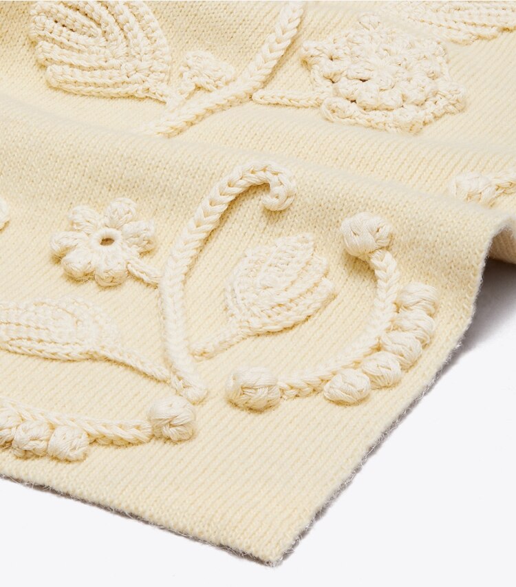 Tory Burch designer scarves Embroidered Knit Scarf in Oatmeal / Ivory detail