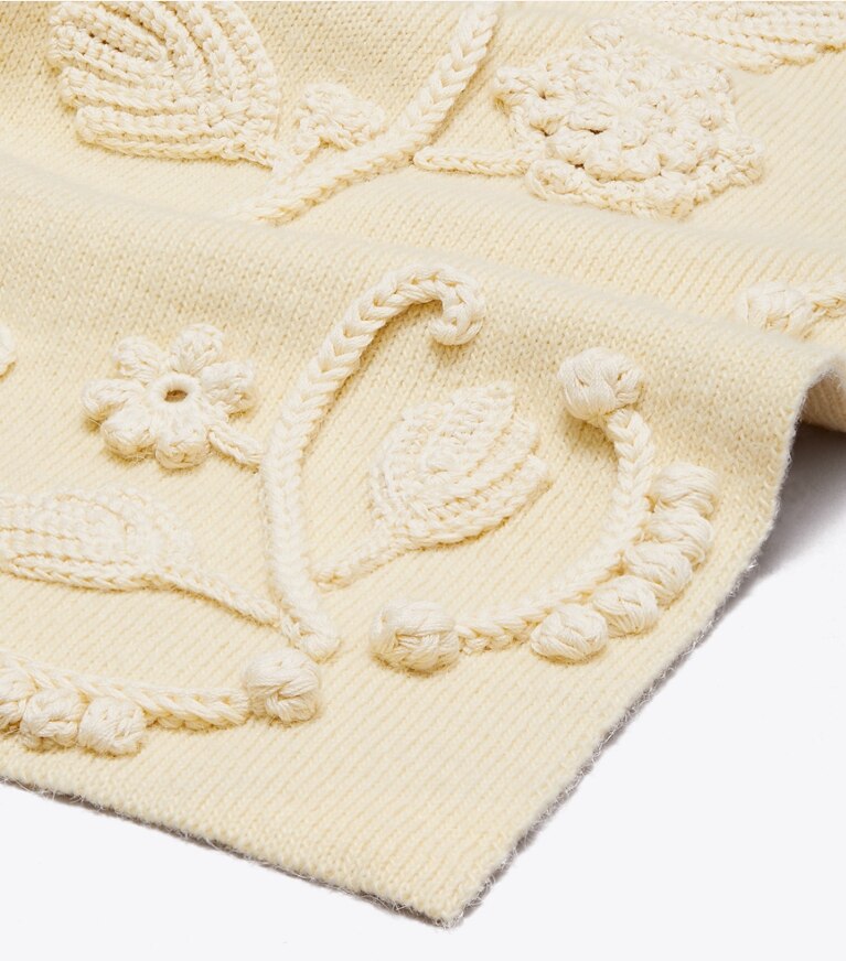 Tory Burch designer scarves Embroidered Knit Scarf in Oatmeal / Ivory overhead