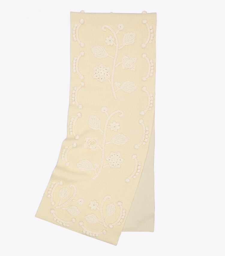 Tory Burch designer scarves Embroidered Knit Scarf in Oatmeal / Ivory folded
