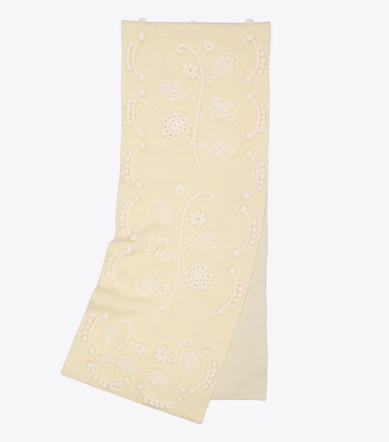 Tory Burch designer scarves Embroidered Knit Scarf in Oatmeal / Ivory overhead