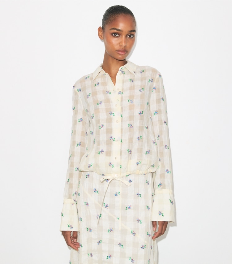 Tory Burch designer tops Embroidered Linen Blouse in Ivory Embroidered Gingham on model detail