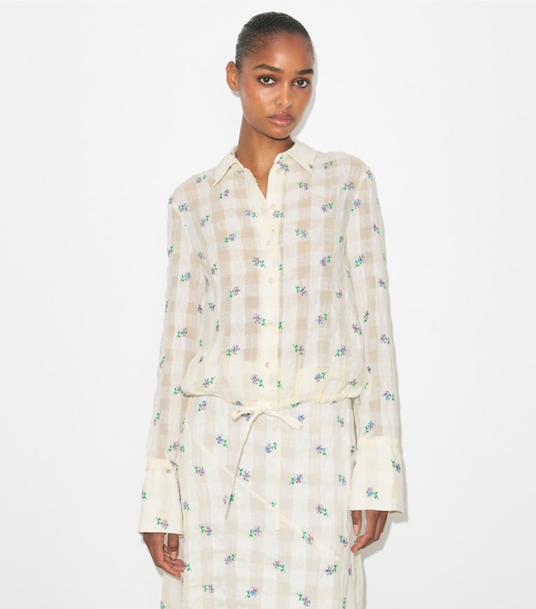 Tory Burch designer tops Embroidered Linen Blouse in Ivory Embroidered Gingham on model detail
