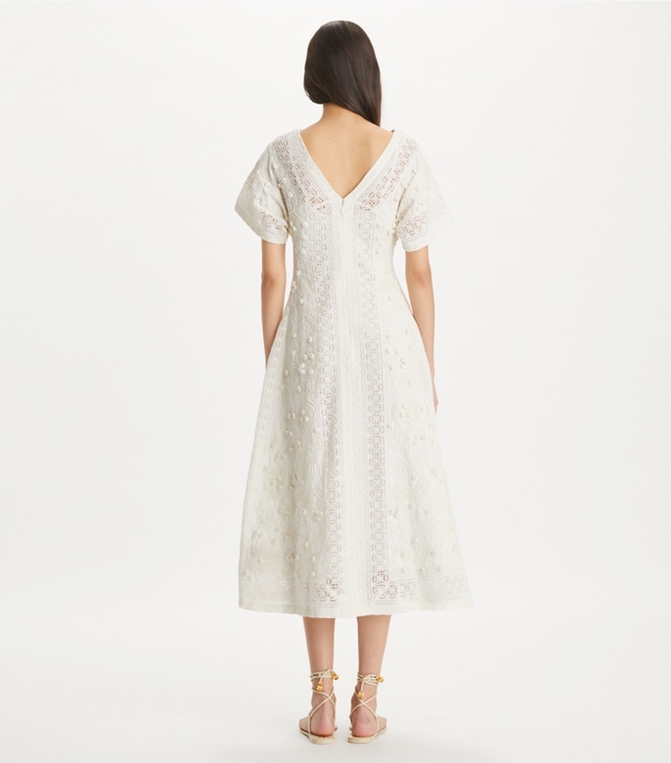 Tory Burch designer dresses Embroidered Linen Dress in Natural Ivory on model back