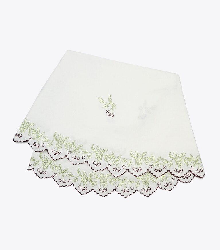 Tory Burch designer linens Embroidered Linen Round Tablecloth, 84" in White / Multi front