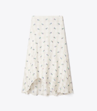 Tory Burch designer bottoms Embroidered Linen Skirt in Ivory Embroidered Gingham front