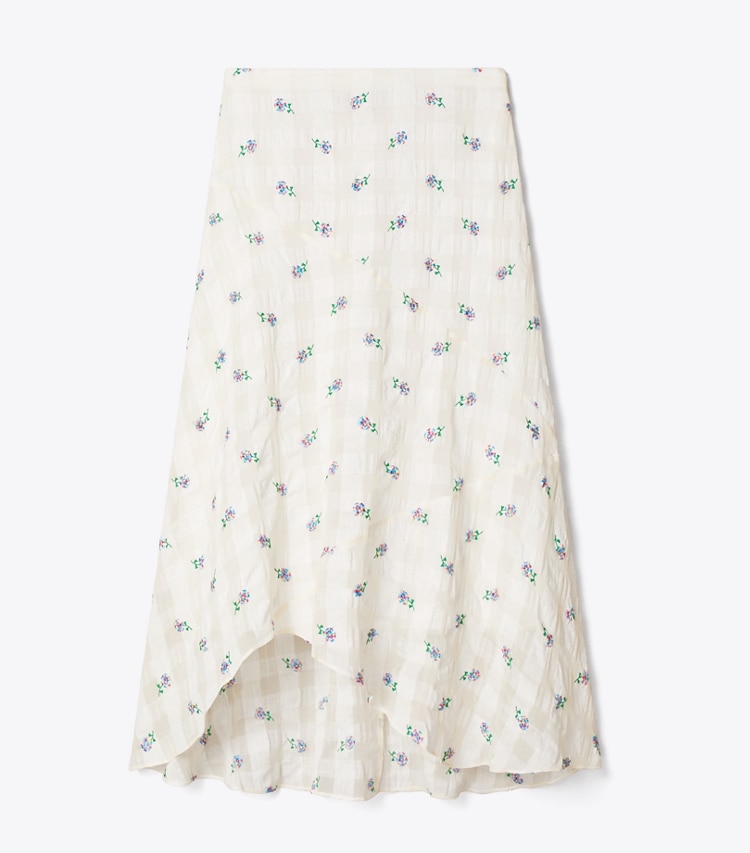Tory Burch designer bottoms Embroidered Linen Skirt in Ivory Embroidered Gingham front
