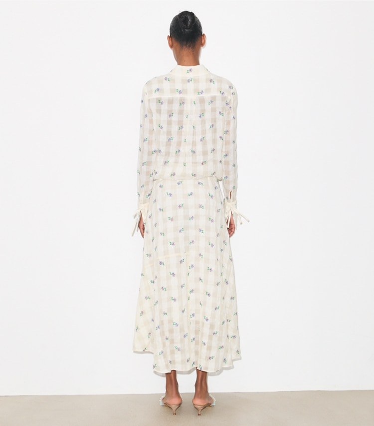 Tory Burch designer bottoms Embroidered Linen Skirt in Ivory Embroidered Gingham on model back