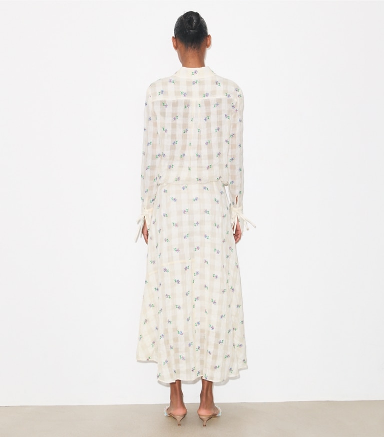 Tory Burch designer bottoms Embroidered Linen Skirt in Ivory Embroidered Gingham on model back