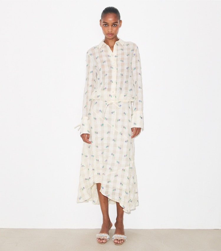 Tory Burch designer bottoms Embroidered Linen Skirt in Ivory Embroidered Gingham on model front